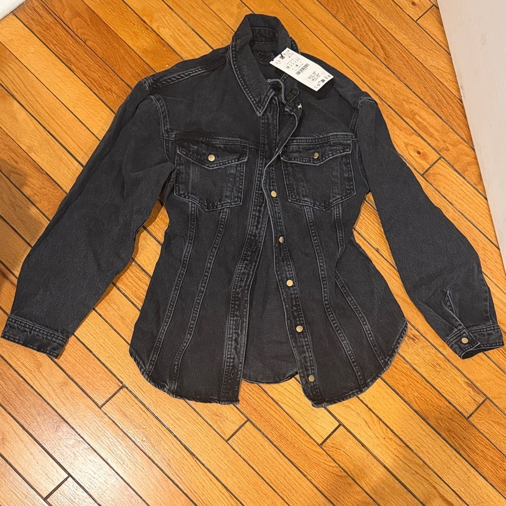 Zara Black Denim Button-Up Shirt Jacket